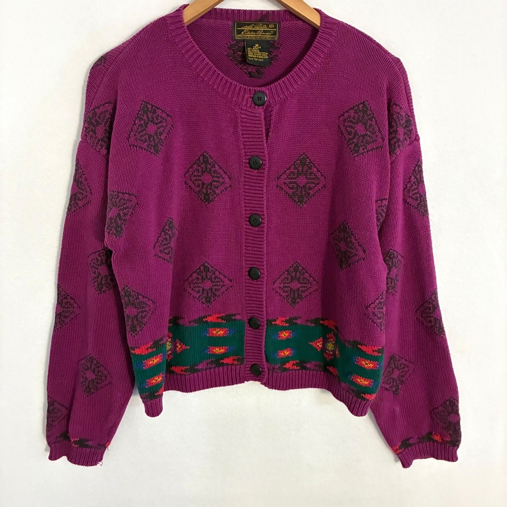 Vtg Eddie Bauer Cardigan Sweater Womens Petite M Geometric Knit Aztec Gorpcore